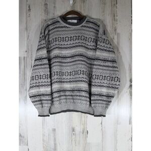 Bill Blass Sweater Medium Gray Fair Isle Geometric Cotton Vintage Made in‎ USA